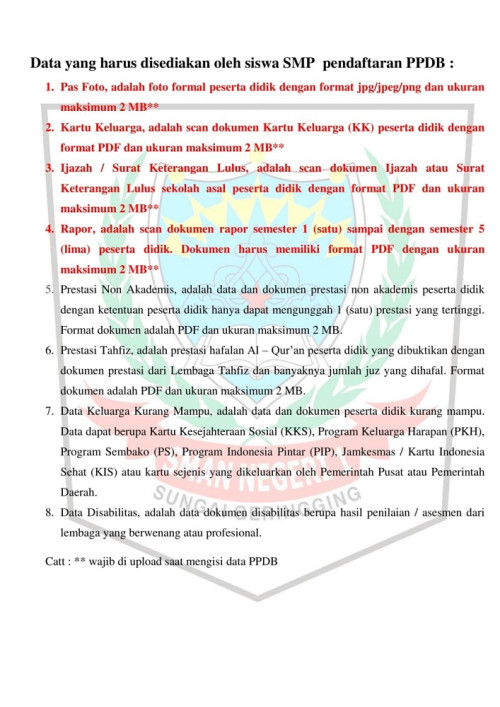 DATA YANG HARUS DISIAPKAN CALON SISWA 